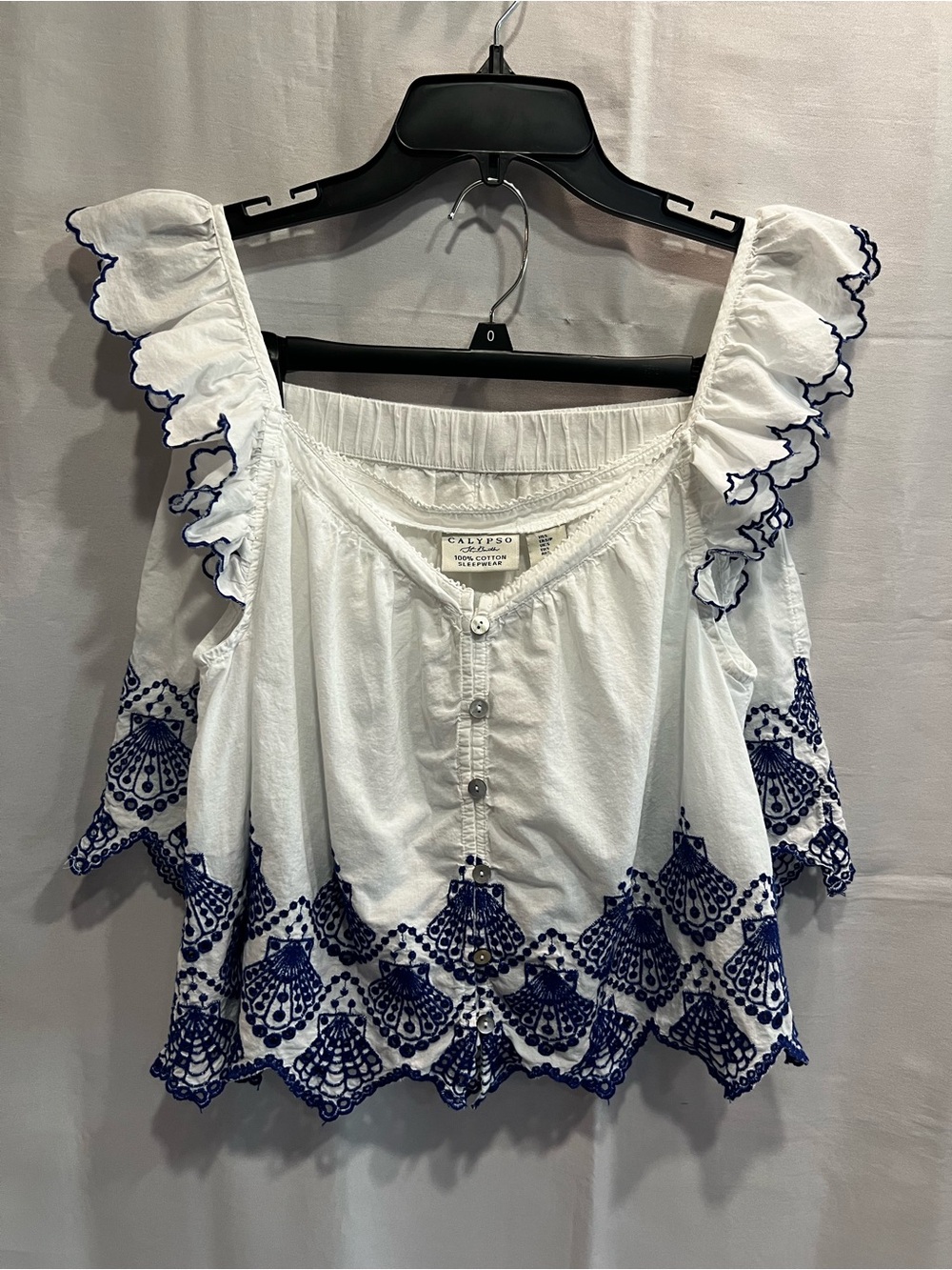 Calypso St. Barth 2 Piece Cotton Sleepwear Set White Bright Blue Eyelet Size S